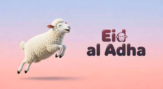 A white sheep jumping in the air with eid al adha text