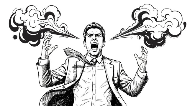 Angry Man in Suit Yelling with Smoke Coming from Mouth and Hands on an Isolated White Background
