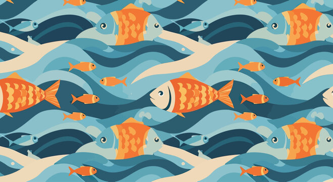 A vibrant, stylized underwater scene with schools of orange and blue fish swimming through wavy water