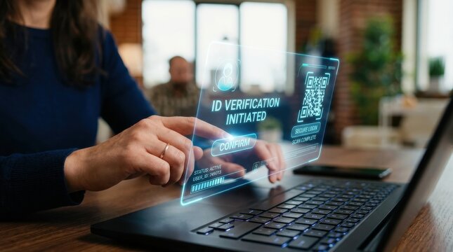 ID verification initiated screen with QR code above laptop keyboard. Digital identity verification concept.