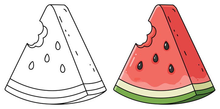 Watermelon slice cartoon fruit with bite mark and seeds for kids vector illustration