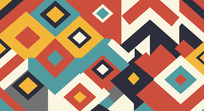 A vibrant geometric pattern with interlocking squares, triangles, and chevron shapes in bold colors