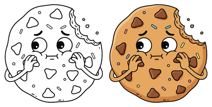 Cookie cartoon character with chocolate chips and bite mark for kids vector illustration