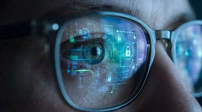 Close up of an eye reflected in glasses displaying digital security icons and data streams