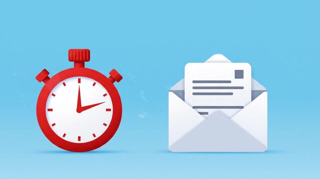 Vibrant flat animation showcasing efficient digital email delivery and deadline confirmation with a stopwatch timer mail envelope business document and a green success checkmark icon