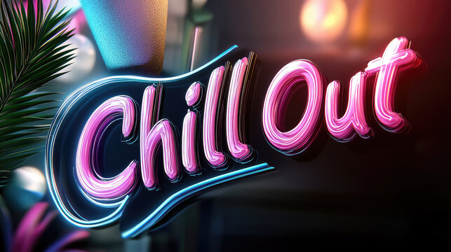 Glowing neon script reading Chill Out in vibrant pink, blue and purple tubes against a deep dark background, retro cool bar and nightlife vibe for relaxation and fun