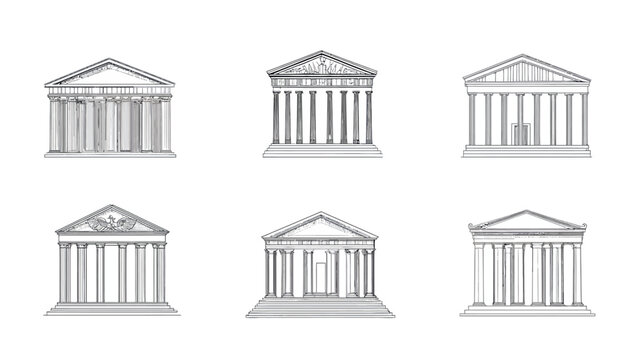 Six grayscale sketches of classical architecture, featuring columns, triangular pediments, and steps