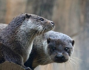 Obraz premium Two Eurasian otters with one looking at camera