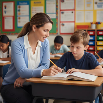 Teacher helping elementary student with classwork
