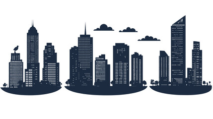 Obraz premium Silhouetted cityscape featuring skyscrapers, clouds, and a bird, set against a white background