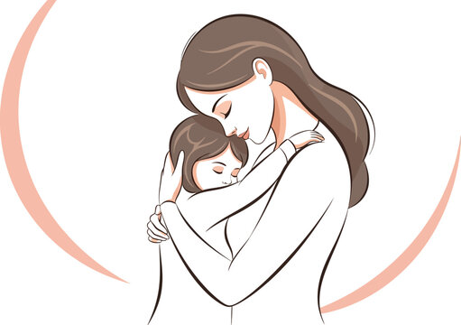 Mother, woman, hugging child, love, family, illustration, vector, minimalistic, line art