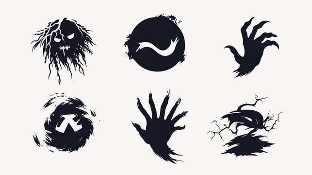 Six ominous, dark silhouettes. Depicting monstrous faces, hands, and abstract shapes. All on a beige background