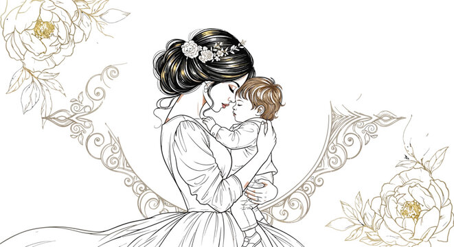 Mother, child, loving hug, floral pattern, vector illustration