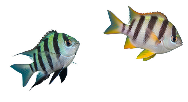 Two Sergeant Major Fish Swim Separately Underwater in Clear Water