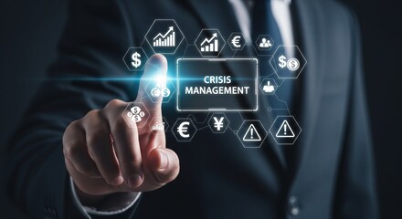 Fototapeta premium Businessman Touching Crisis Management Digital Interface, Conceptual Business Strategy Illustration
