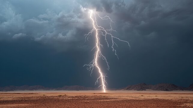 Dramatic Thunderstorm Over Desert Landscape with Striking Lightning and Dark Cloudy Sky Capturing Nature's Power in a Remote Setting