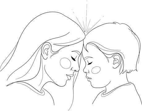 Mother, child, face to face, loving relationship, family bonding, line art illustration
