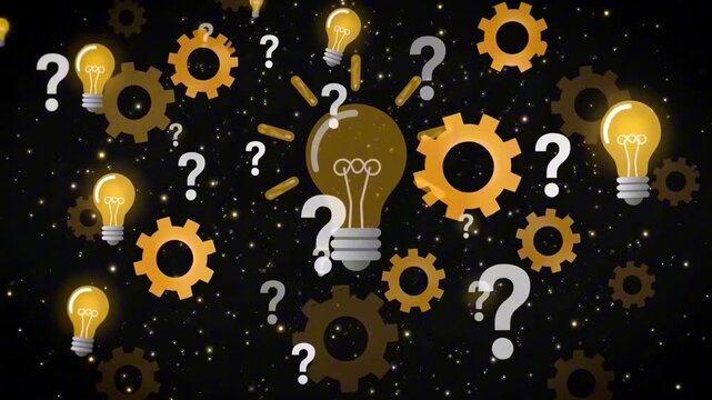 2D character animation young woman thinking deeply, minimal modern flat design gradient background, she looks confused raises her index finger, surreal inner mind world, floating lightbulbs, gears