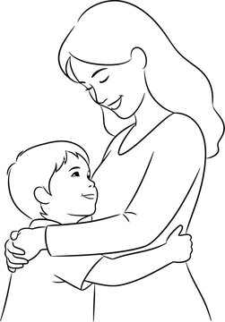 Mother, woman, hugging, smiling, child, boy, illustration, line art, vector