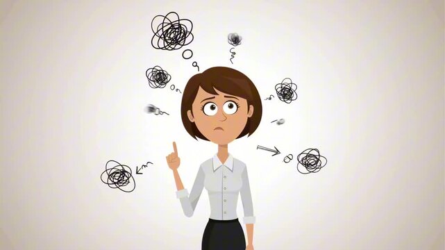 2D animated woman thinking confused expression, flat modern vector style, messy scribbles tangled lines floating head confusion, soft neutral background, she raises her index finger, motion pauses