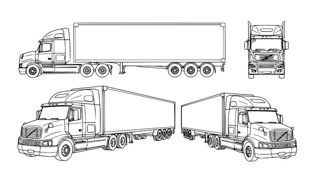 Semi truck outline set vector lorry trailer multiple views illustration