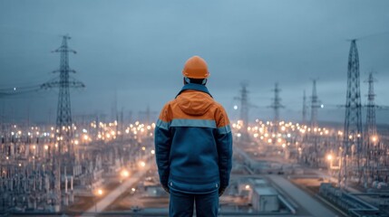 Fototapeta premium Person in Orange Hardhat Standing on a Platform Overlooking Power Plant Infrastructure at Dusk with Numerous Electrical Towers and Lights in the Background