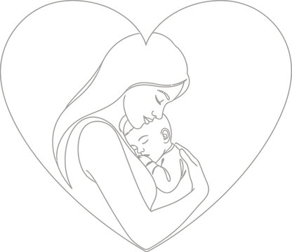 Mother, woman, heart, love, family, tender, line art, vector illustration