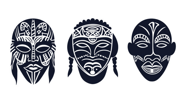 Three stylized, dark blue tribal masks on white background. Each features distinctive patterns