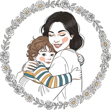 Mother, child hug, floral wreath, vector illustration, family love, warm embrace