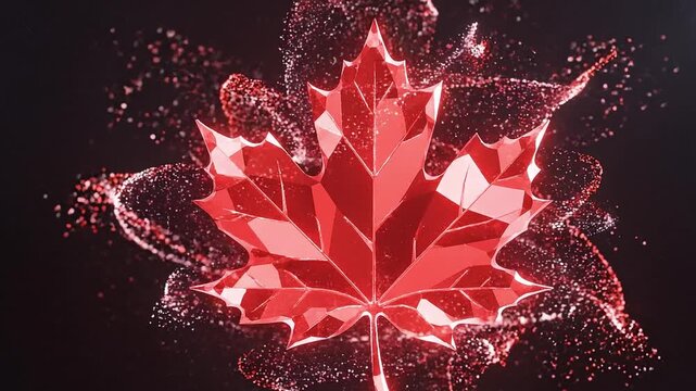 Abstract maple leaf particle animation in red and white, seamless loop modern motion graphics with glowing effects, 8K ultra HD background. 2026