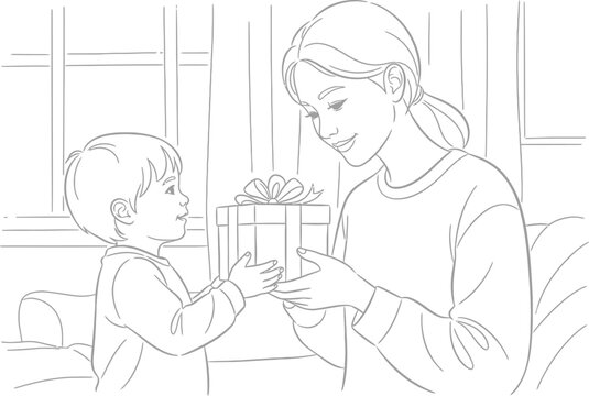 Mother giving gift to child, happy family moment, illustration, line art, gift giving