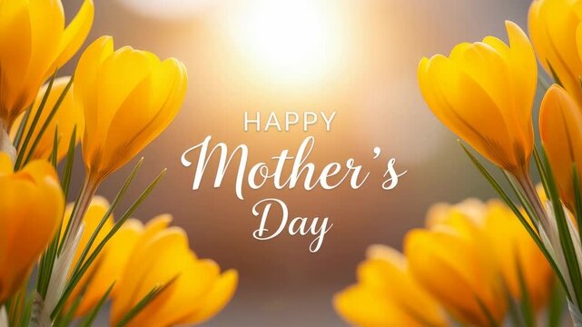 Close up yellow crocus flowers with happy mother's day lettering in warm sunlight and a soft blurred background, spring greeting scene