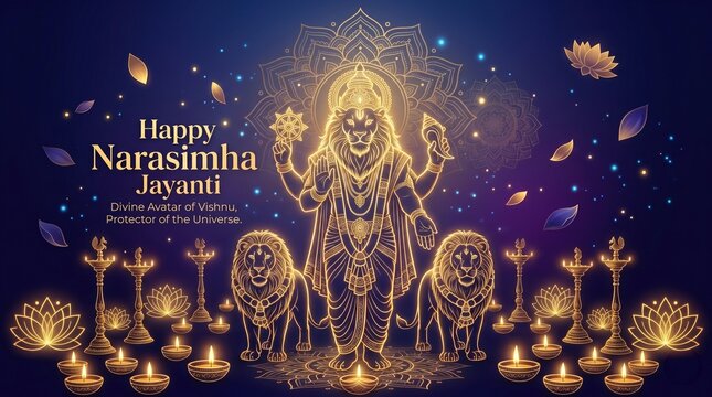 Divine Narasimha Jayanti Greeting Card with Four-Armed Avatar and Lions