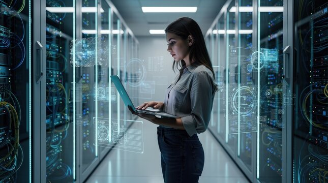 A woman works on a laptop in a futuristic server room surrounded by digital data holograms and high-tech equipment.