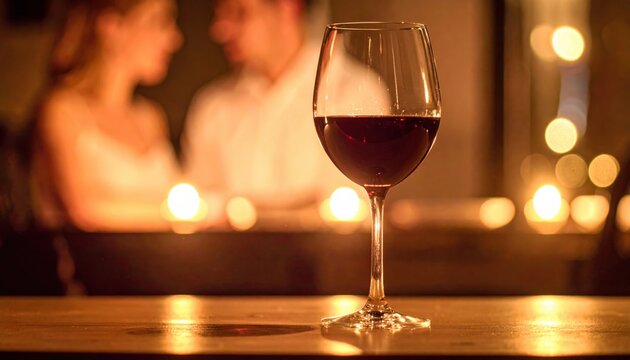 Elegant Wine Glass Filled With Deep Red Wine Catching Light on Polished Table With Romantic Ambiance