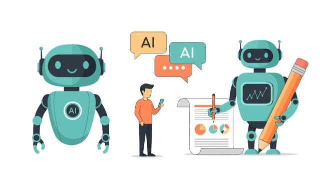 Artificial intelligence illustrations set. Collections of scenes with character communicating to AI chat bot. Neural network technology concept. Vector illustration