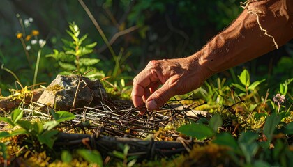 Obraz premium Expert hand assembling a primitive survival trap from twigs and wire amidst lush forest foliage