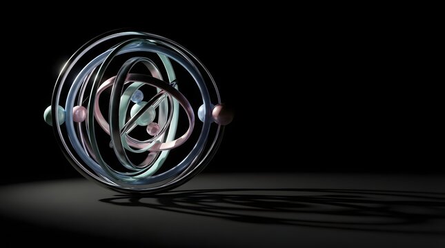 A metallic multi ringed gyroscope with colorful spheres casting a shadow on a dark reflective surface