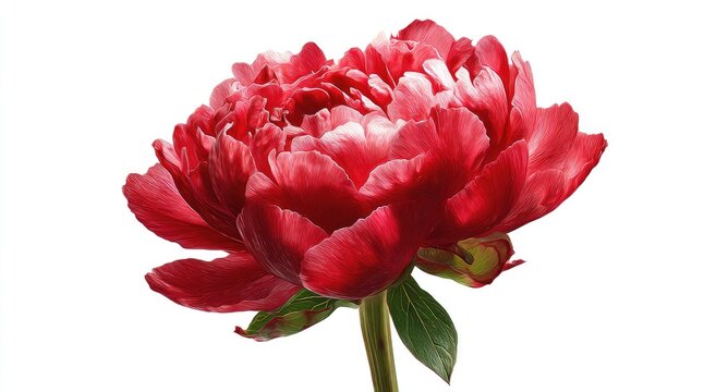 A vibrant red peony with delicate, layered petals against a white background