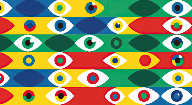 Repeating pattern of colorful, stylized eyes in horizontal rows
