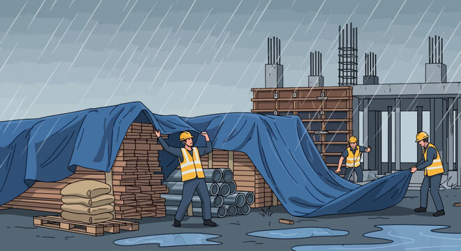 Workers in hard hats cover construction materials with a blue tarp during heavy rain on a building site