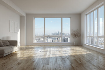 Fototapeta premium Bright airy living room with large empty wall space and neutral tones featuring wooden floor, large windows with city view, and minimalistic decor creating calm atmosphere