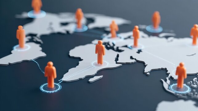 World map with orange figures representing global connections on a dark gray surface with light blue accents, illustrating international interaction and communication