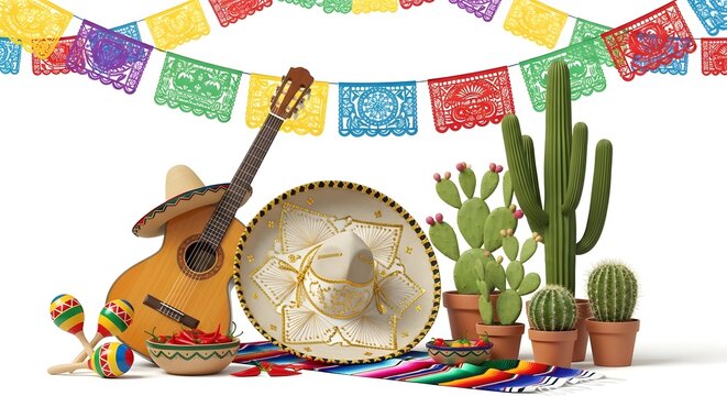 mexican fiesta decorations with guitar, sombrero, cacti, and colorful flags