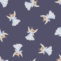 Fototapeta premium Seamless pattern with cute Christmas angel with light hair and blue dress in minimalist scandinavian style. Hand drawn illustration repeat ornament with children's design.