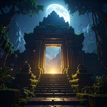 満月と山々を背景にした古代神殿の光る門と石段