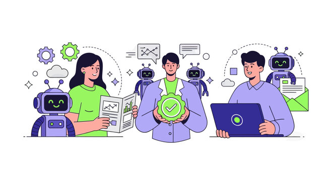 Character using virtual ai agent algorithms to structure data, improve accuracy, productivity. Automated document processing concept set. Vector illustration
