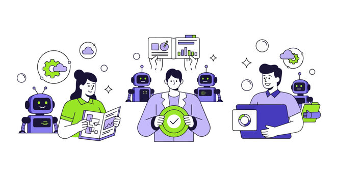 Character using virtual ai agent algorithms to structure data, improve accuracy, productivity. Automated document processing concept set. Vector illustration