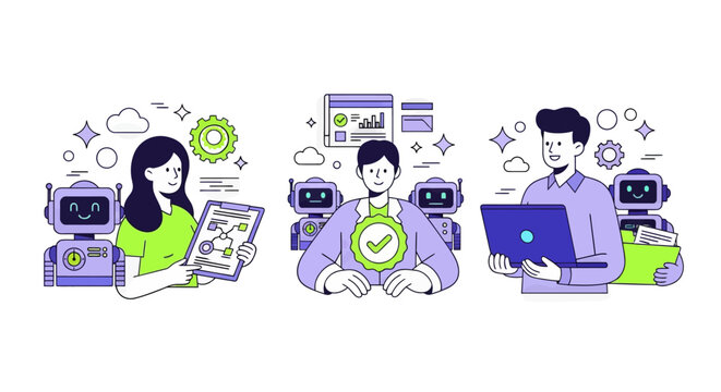 Character using virtual ai agent algorithms to structure data, improve accuracy, productivity. Automated document processing concept set. Vector illustration