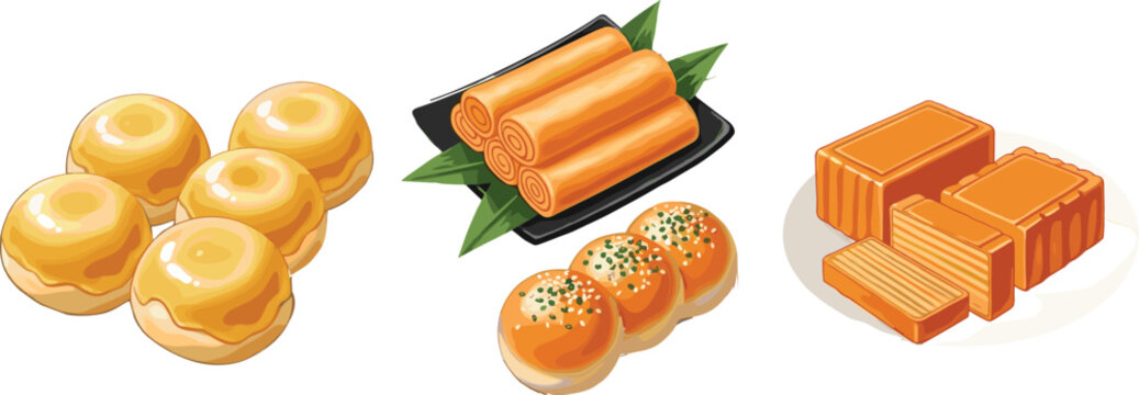 Japanese Fish Cake and Egg Roll Food Illustration Set with Tamagoyaki, Kamaboko, and Sweet Buns for Asian Cuisine Menu Design and Culinary Graphics